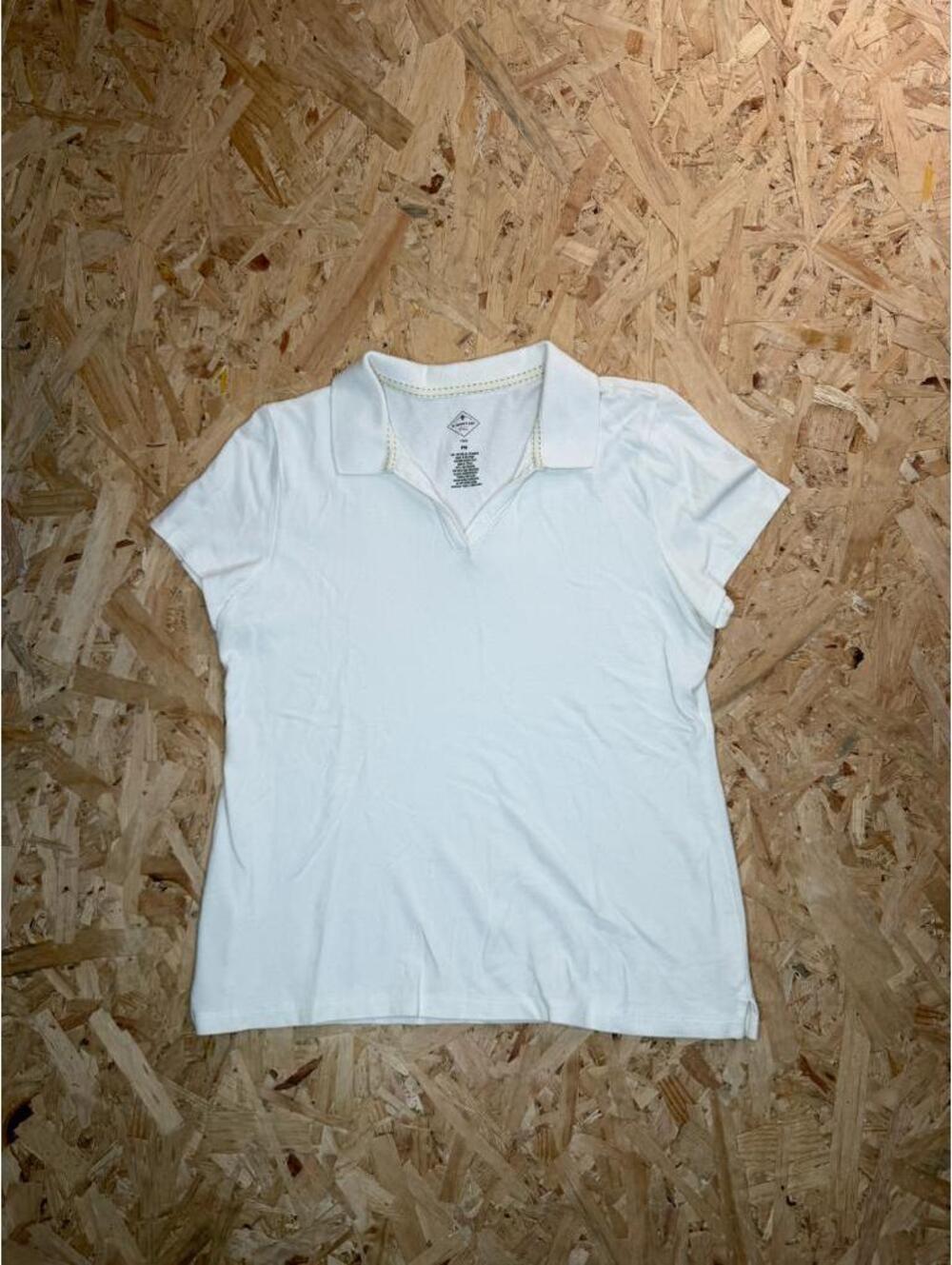 St Johns Bay Womens Polo Shirt PM Petite Medium White Short Sleeve V Neck Cotton - Picture 1 of 13